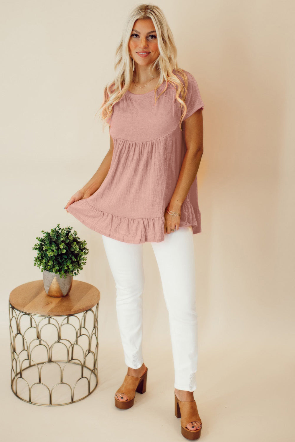 Pink Solid Color Crinkled Short Sleeve Ruffle Hem Blouse