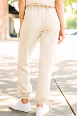 Beige Textured Drawstring Waist Straight Leg Joggers