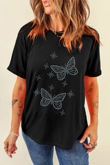 Black Glittering Rhinestone Butterfly Graphic T Shirt