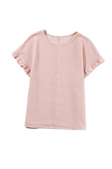 Light Pink Solid Textured Frill Cuffs Short Sleeve Blouse