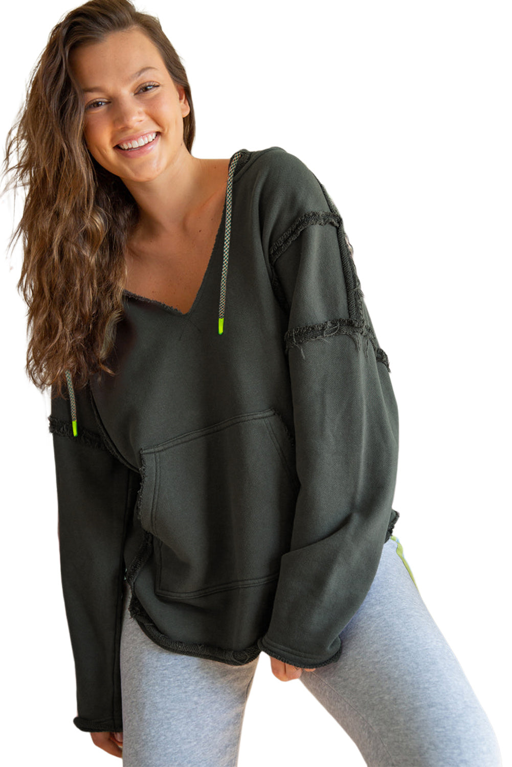 Grey V Neck Exposed Seam Pullover Hoodie with Kangaroo Pocket