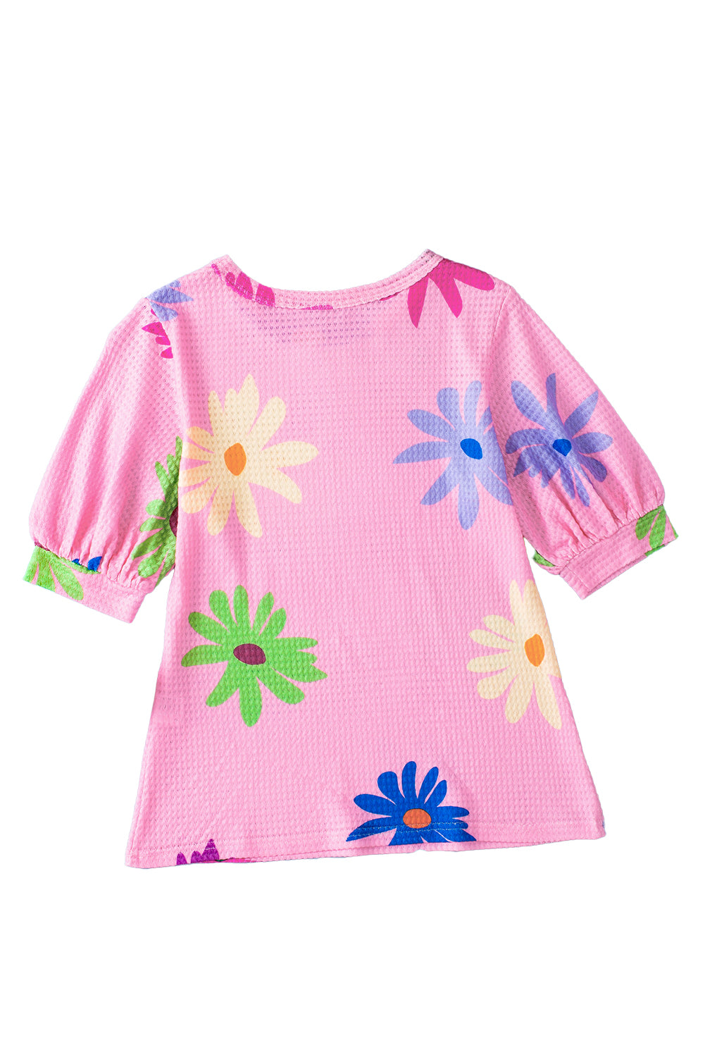 Pink Colorful Floral Print Puff Sleeve Waffle Knit T Shirt