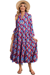 Multicolor Abstract Geometric Print Notch Neck Tiered Boho Dress