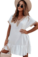 White Lace Trim Contrast Short Sleeve Ruffled Mini Dress