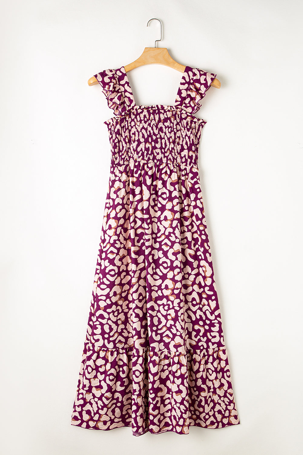 Rose Leopard Ruffle Straps Smocked High Waist Maxi Dress