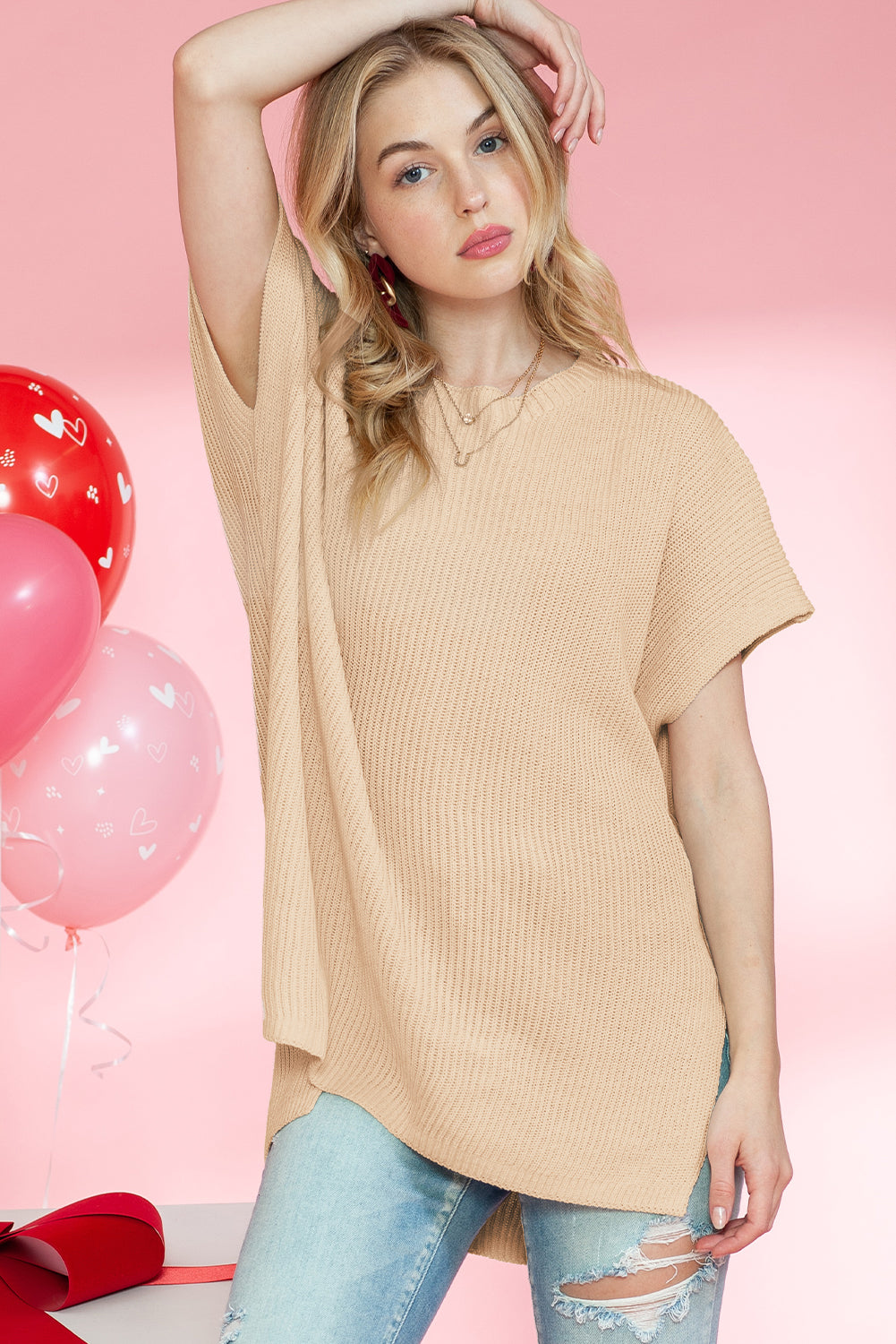 Wholesale Apricot Side Slit Short Sleeve Oversized Sweater