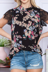 Black Dainty Floral Print Lace Sleeve Stand Neck Blouse