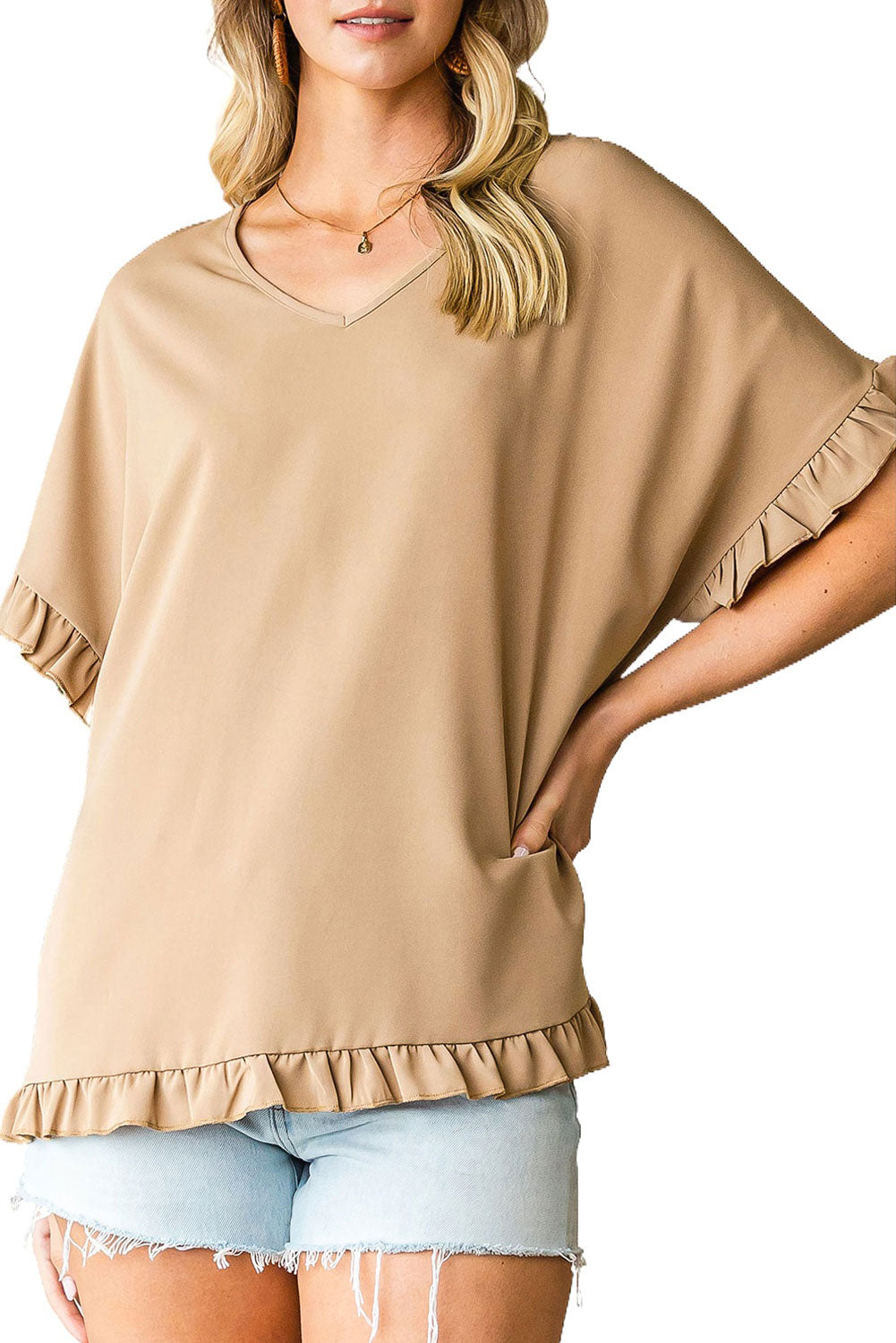 Khaki Ruffle Trim V Neck Short Sleeve Blouse