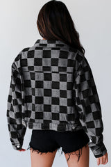 Black Checkered Patchwork Button Up Denim Jacket