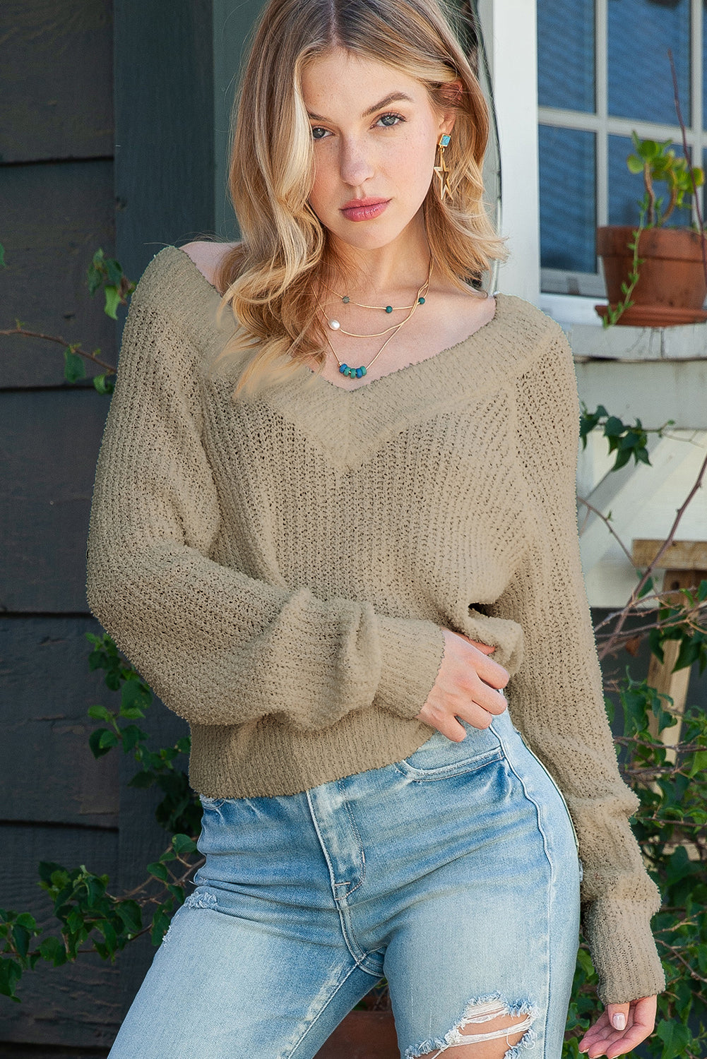 Apricot Casual V Neck Pullover Sweater