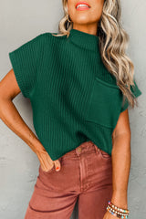 Wholesale Green Patch Pocket Ribbed Knit Short Sleeve Sweater