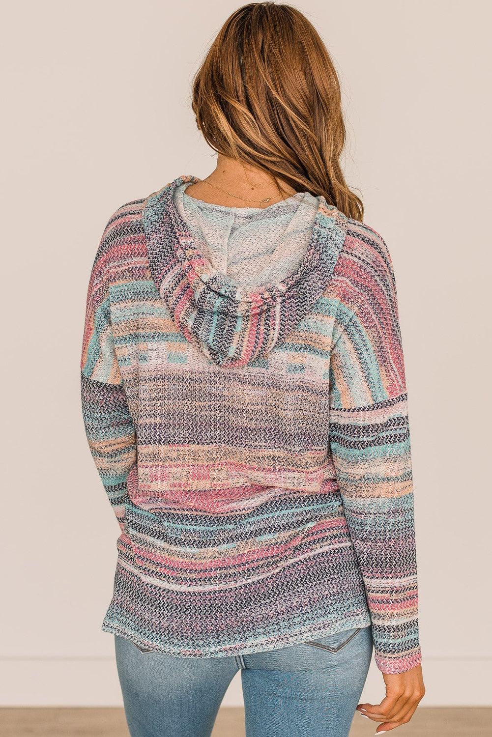 Multicolor Striped Print Drawstring Pullover Hoodie