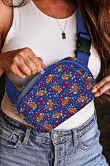 Navy Blue Rugby Flower Print Zipped Shoulder Bag