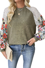 Vineyard Green Plus Size Textured Floral Patchwork Raglan Sleeve Top