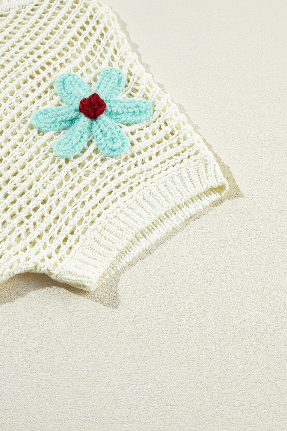 White Hollowed Crochet Colorful Flower Loose Knit T Shirt