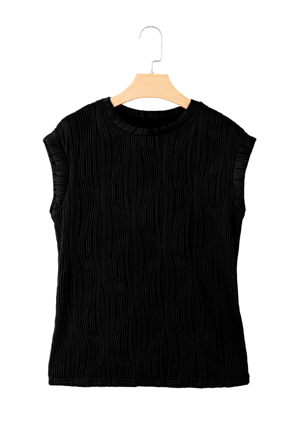 Black Solid Color Wavy Textured Cap Sleeve Top