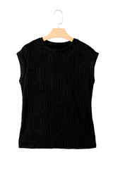 Black Solid Color Wavy Textured Cap Sleeve Top