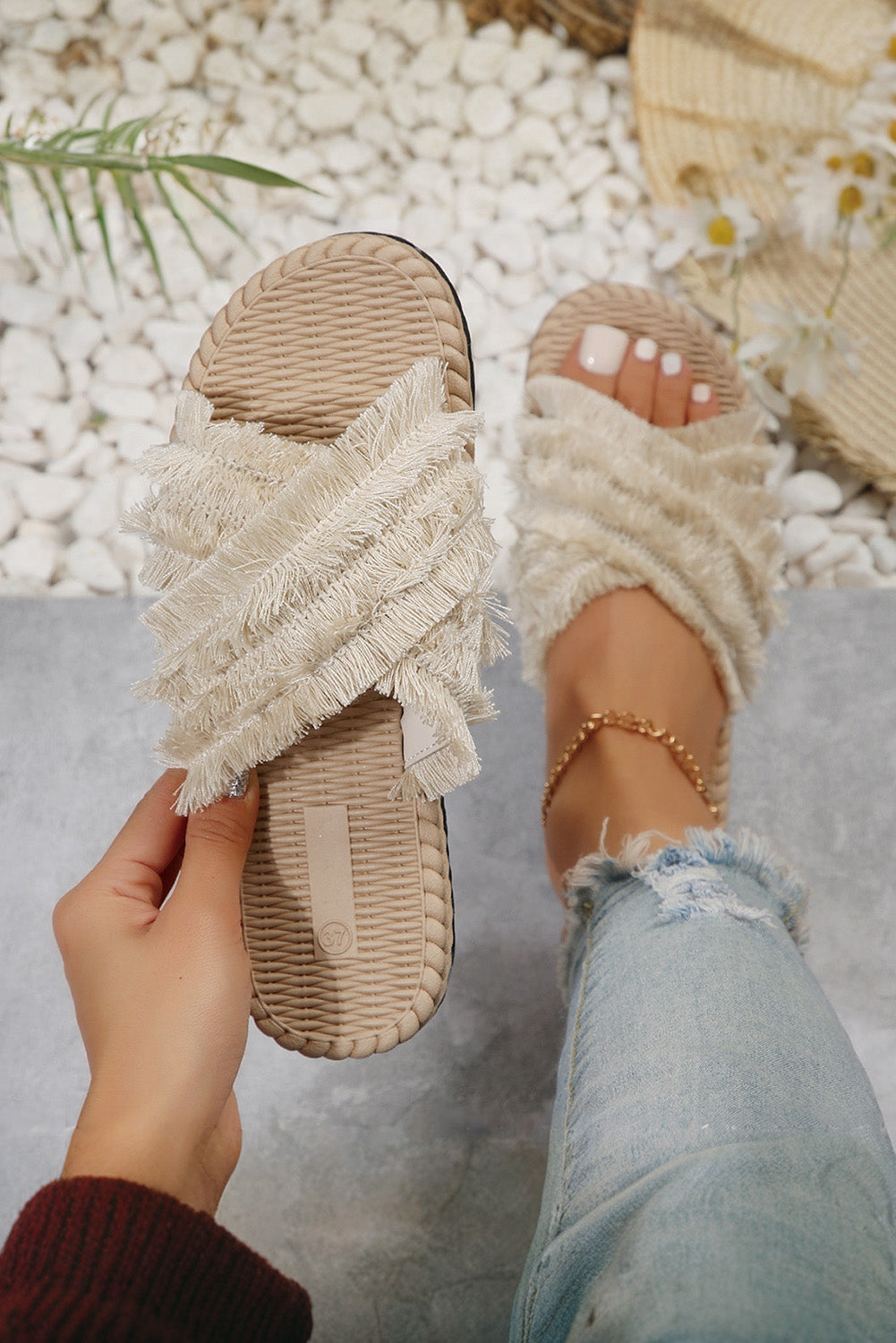 Beige Cross Tassel Band Flat Slides Shoes