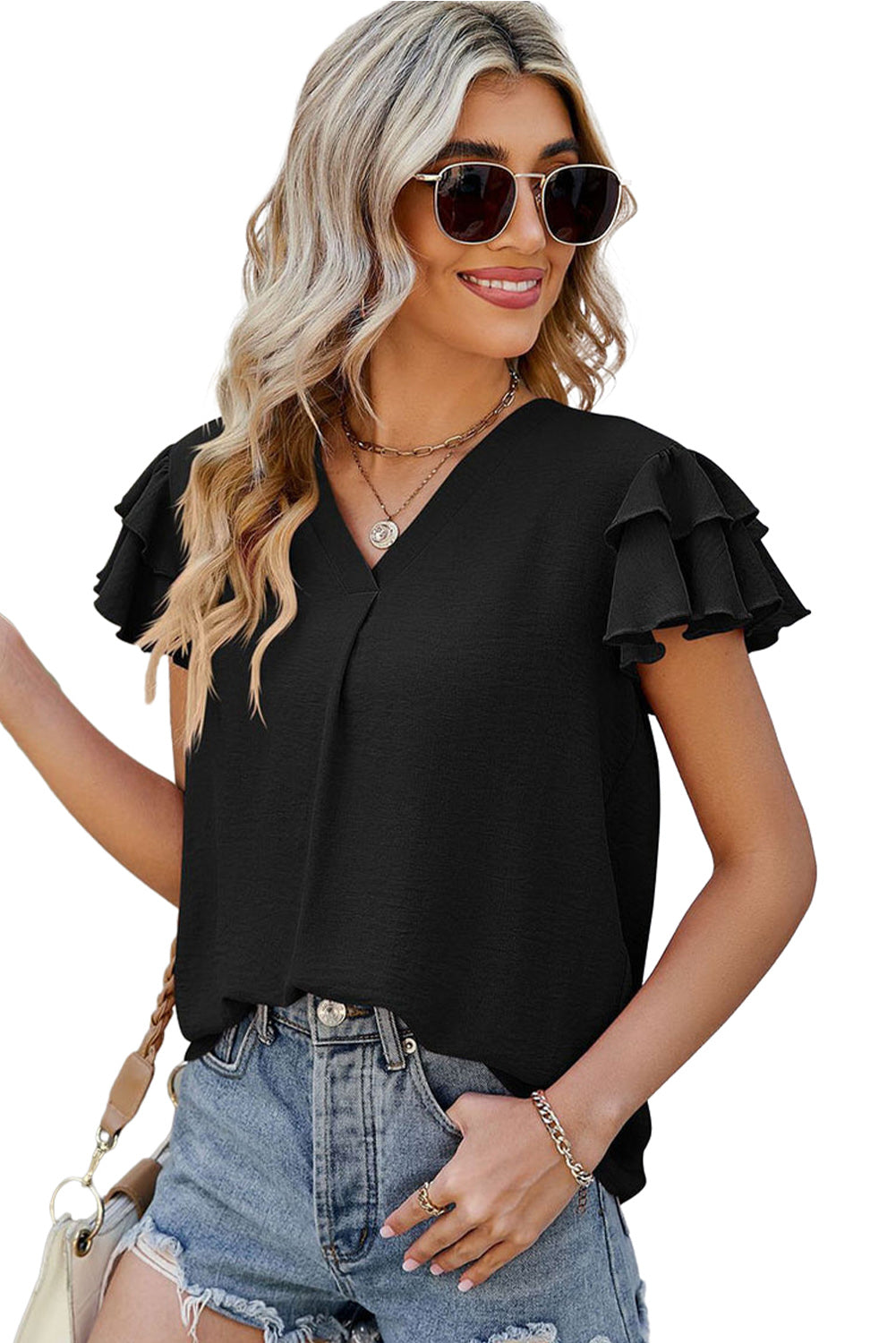 Black Solid Color V Neck Ruffle Short Sleeve Blouse