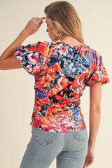 Orange Floral Print Ruched Puff Sleeve V Neck Blouse