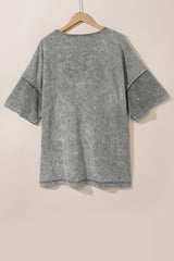 Light Grey Mineral Wash Drop Sleeve Patchwork Plus Size Tee