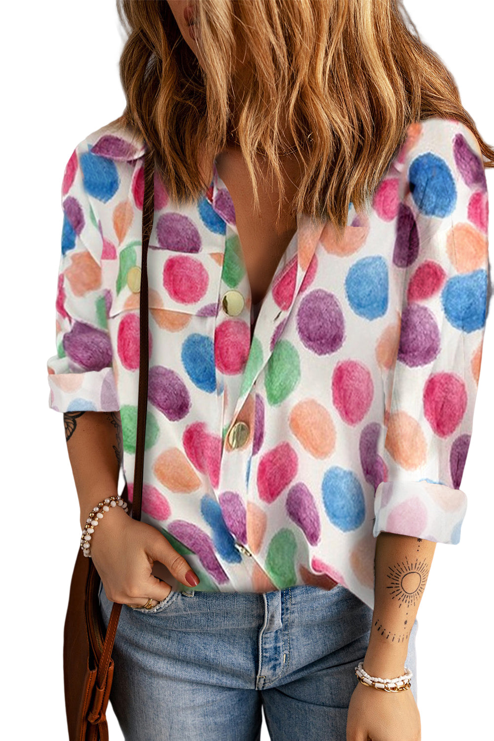 Multicolor Polka Dot Buttoned Long Sleeve Blouse