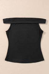 Black Solid Color Folded Off Shoulder Slim Blouse