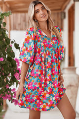 Sky Blue Boho Floral Print V Neck Lantern Sleeve Babydoll Dress