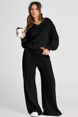 Black V Neck Cropped Sweatshirt & Seamed High Waist Pants Set