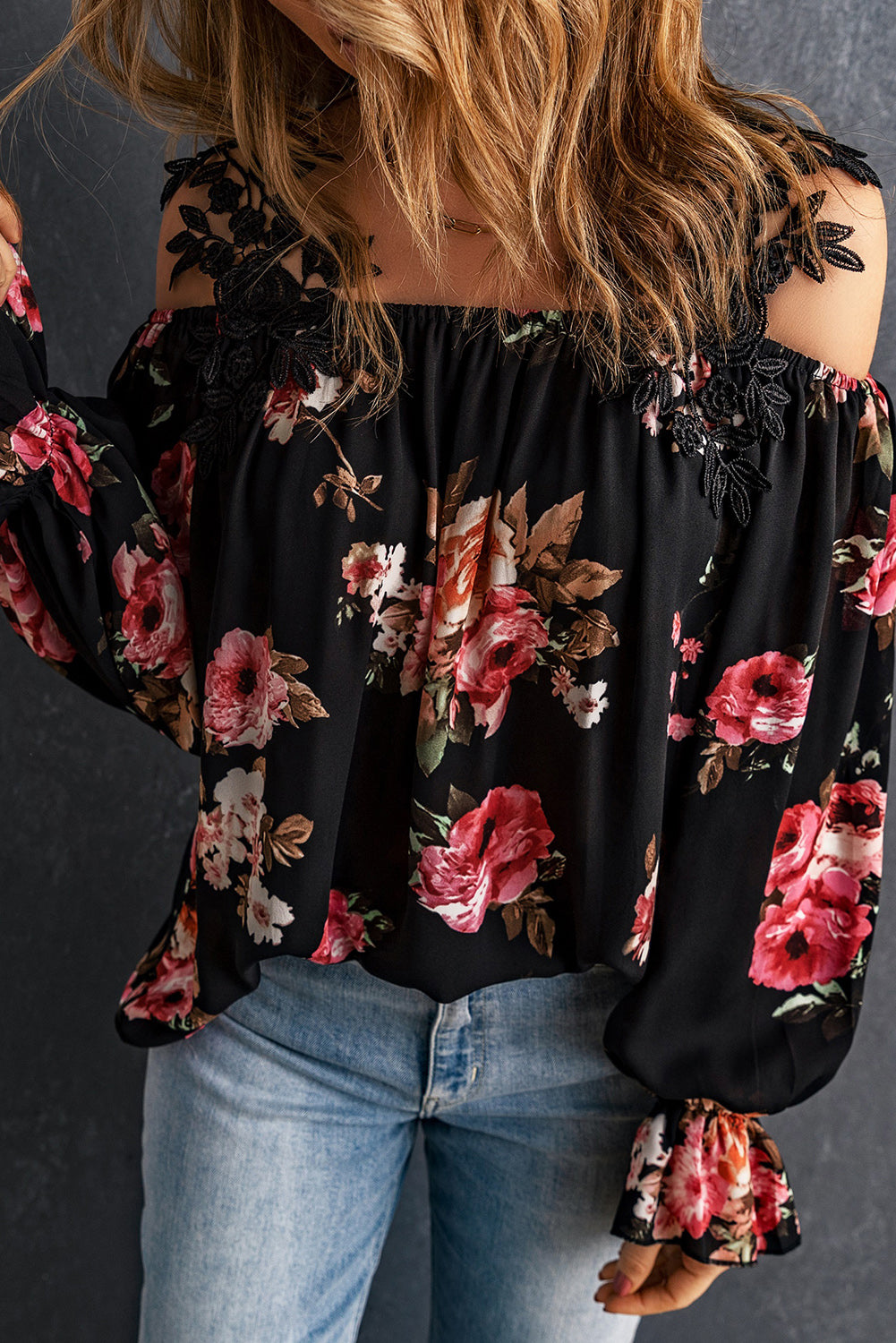 Black Floral Print Lace Loose Off Shoulder Blouse