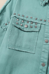 Green Frayed Trim Vintage Rivet Denim Jacket