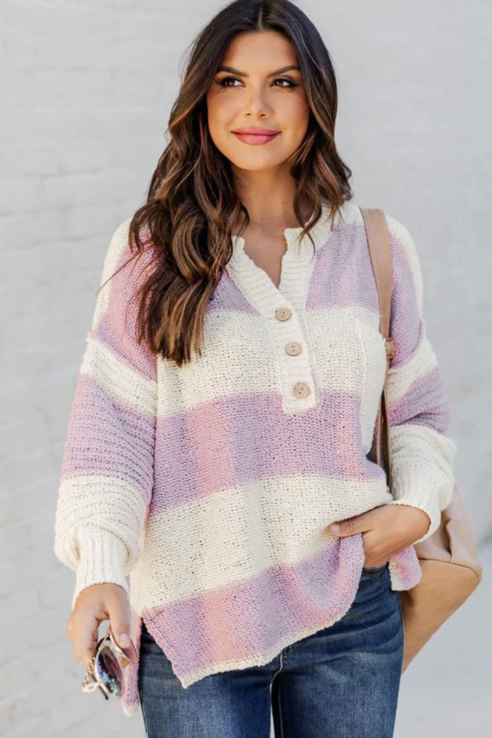 Pink Striped Long Sleeve Henley Knit Sweater with Slits