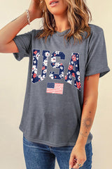 Gray Floral USA Flag Graphic Roll Up Sleeve Tee