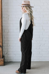 Black Plain Pocketed Loose Fit Corduroy Overalls