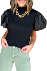 Black Mock Neck Faux Leather Puff Short Sleeve Top