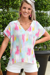 Multicolor Abstract Print V Neck Short Sleeve Dolman Blouse