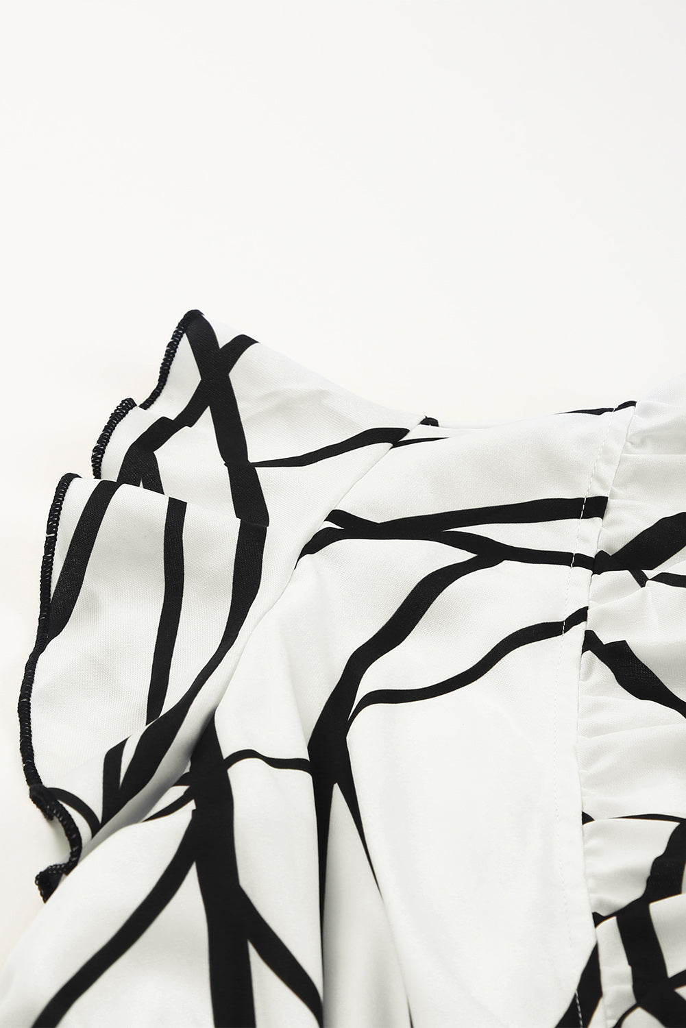 White Abstract Print V Neck Ruffle Maxi Dress