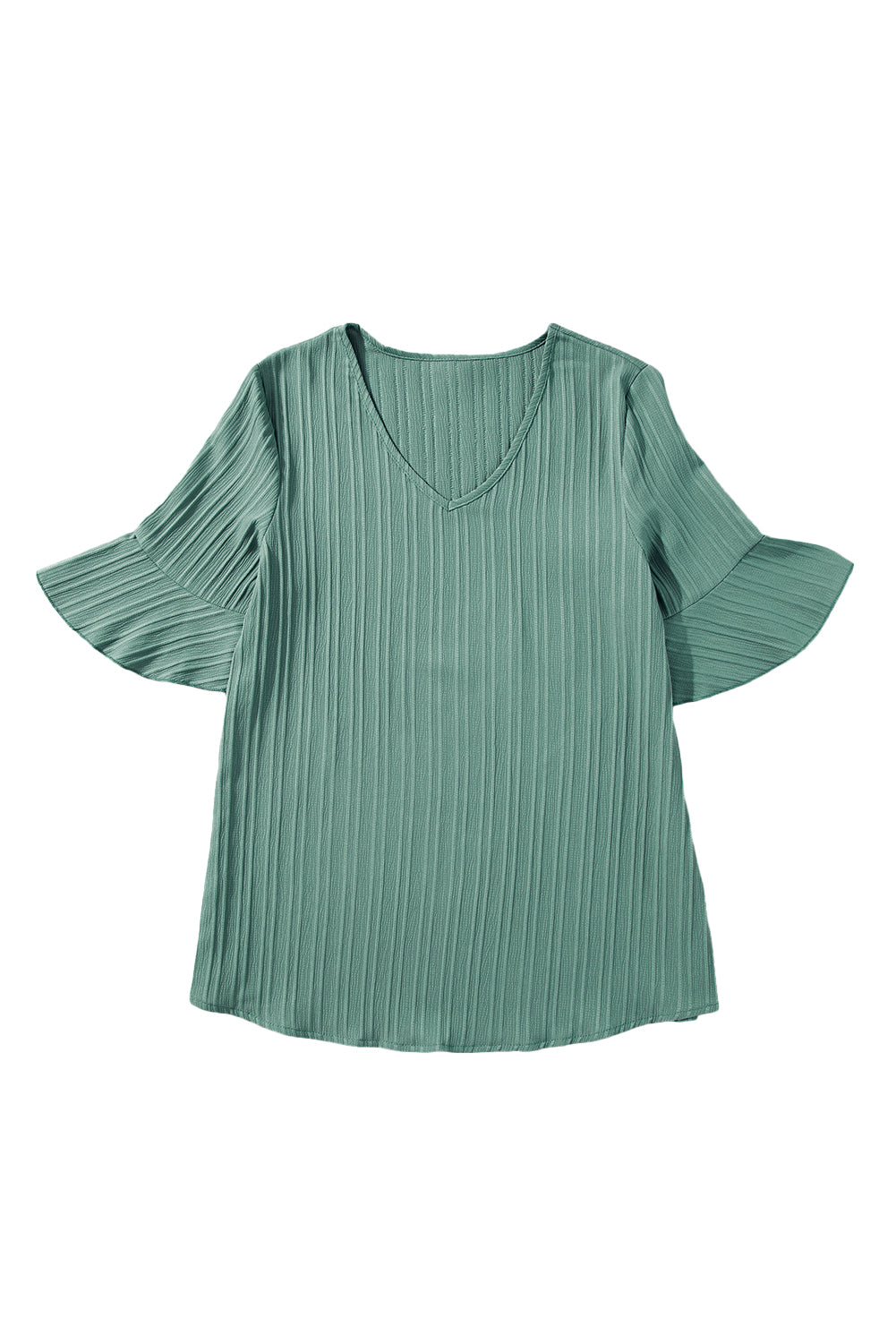 Grass Green Ruffled Short Sleeve V Neck Textured Blouse