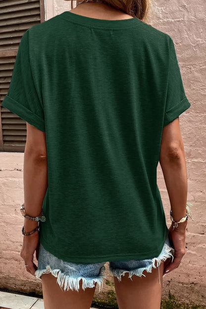 Green Button V Neck Short Sleeve Casual T Shirt