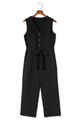 Black Buttoned Sleeveless Cropped Jumpsuit With Sash