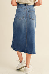 Sky Blue 4 Patch Pockets Front Slit Midi Denim Skirt