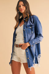 Sky Blue Light Wash Distressed Frayed Long Denim Jacket