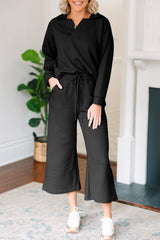 Black Plain Textured Collared V Neck Top and Wide Leg Pants Set