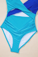 Light Blue Two Tone Colorblock Cutout One Piece Swimsuit