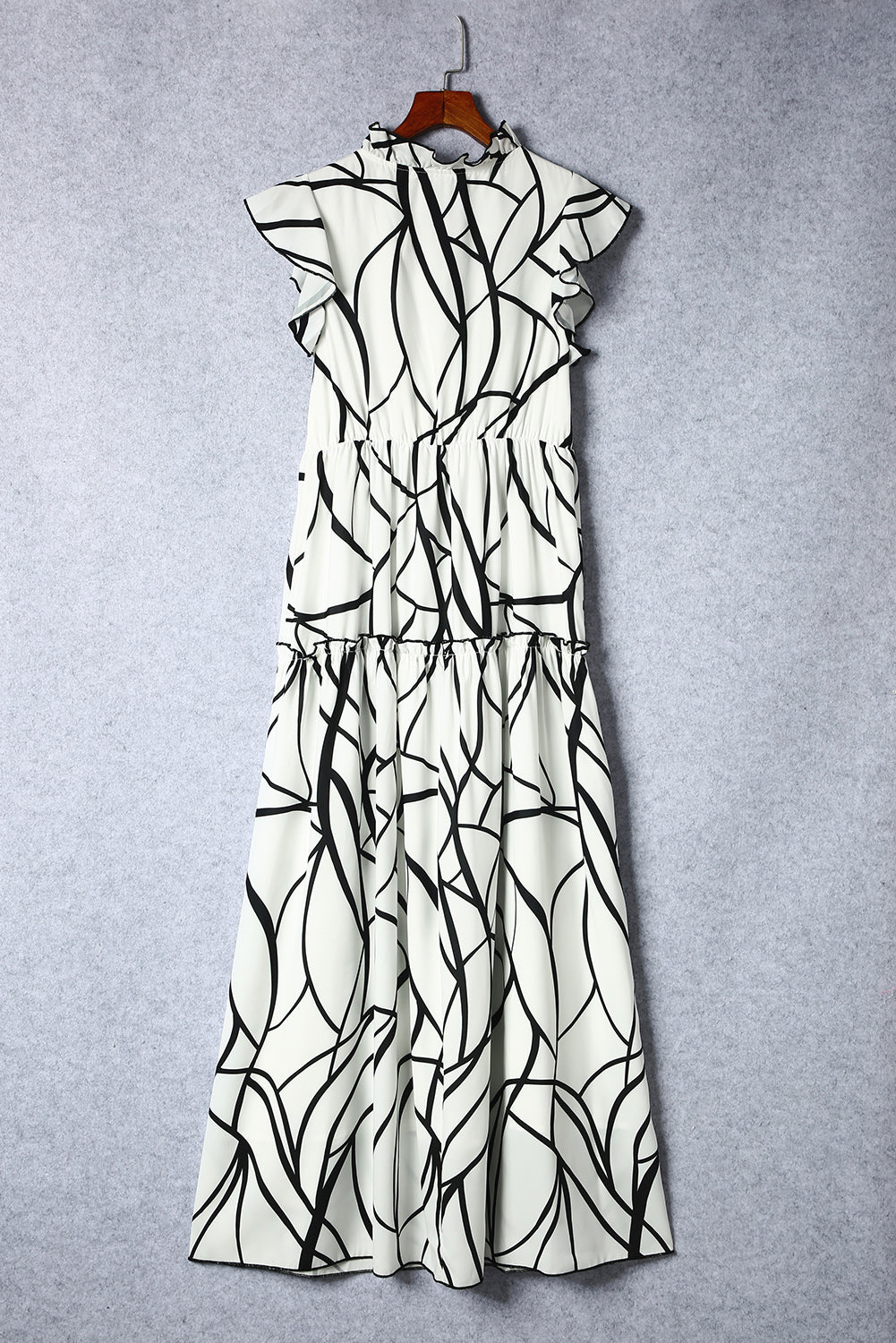 White Abstract Print V Neck Ruffle Maxi Dress