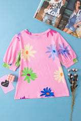 Pink Colorful Floral Print Puff Sleeve Waffle Knit T Shirt