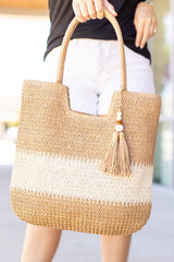 Chestnut Color Block Straw Woven Tassel Decor Tote Bag