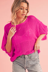 Rose Red Pointelle Knit Scallop Edge Short Sleeve Knit Top