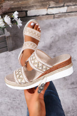 Beige Woven Double Wide Band Thick Sole Wedge Heel Slides Shoes