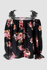 Black Floral Print Lace Loose Off Shoulder Blouse